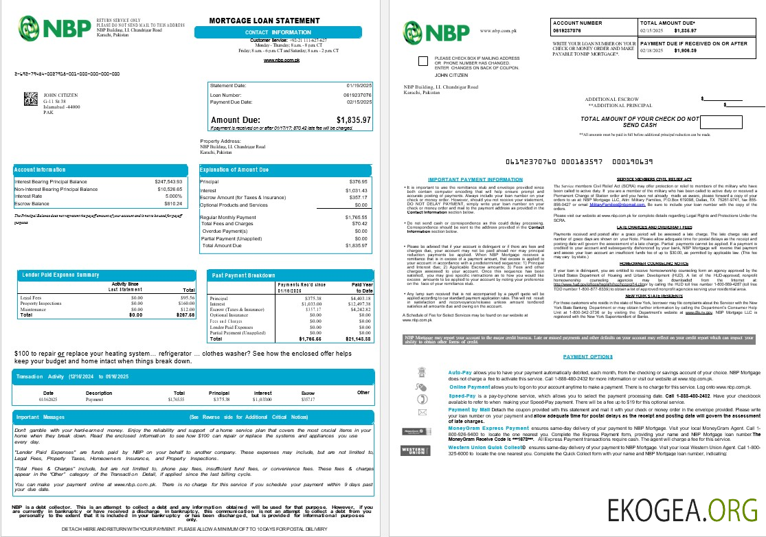 Relevé de prêt hypothécaire du Pakistan NBP aux formats Word et PDF, 8 pages 1, 2